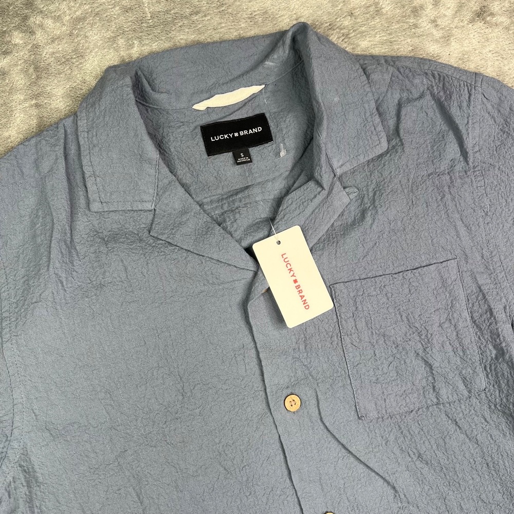 Lucky Brand Textured Short Sleeve Button Up‎ Shirt Men Size Small Blue Stretch